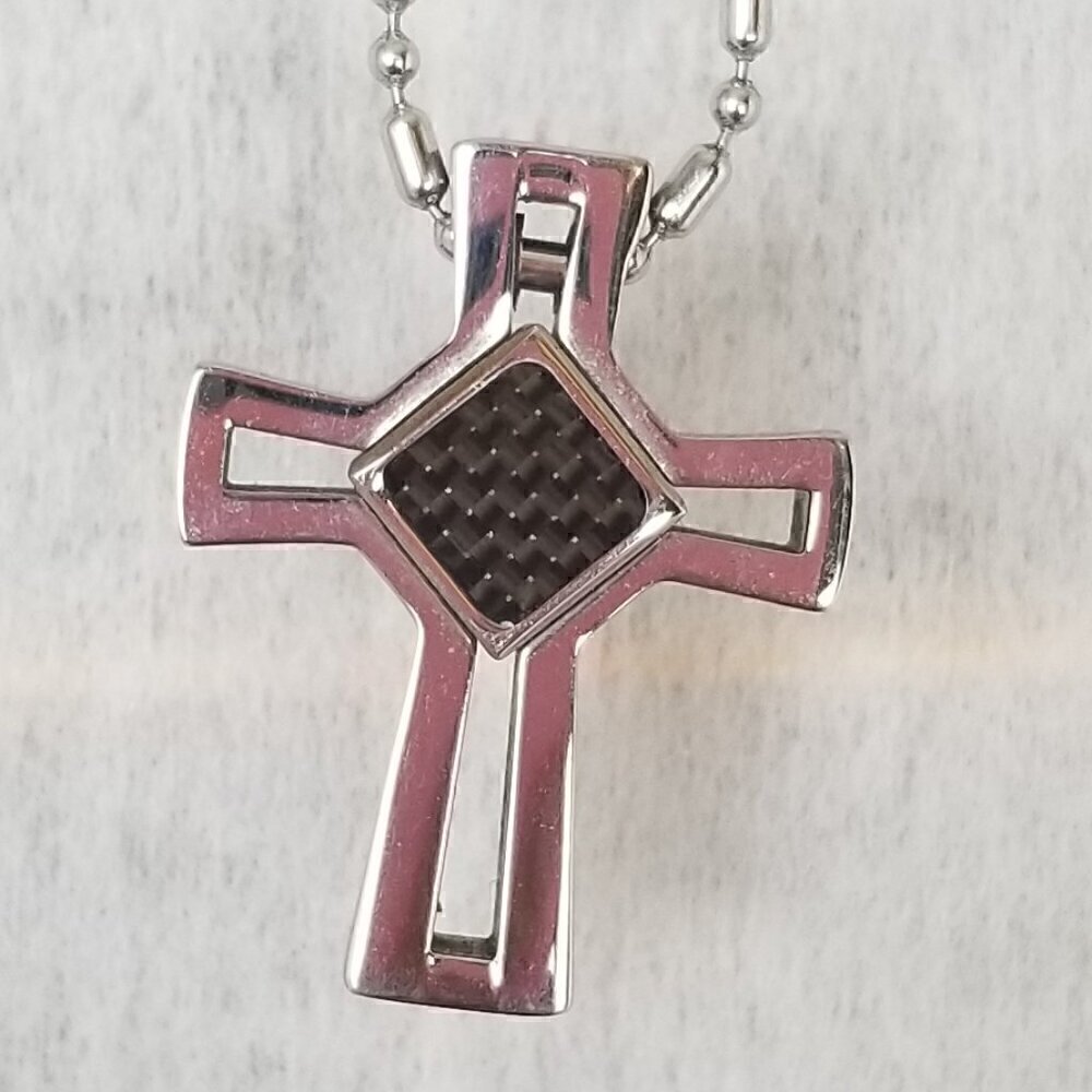 Men's Stainless Steel Cross Pendant on 23" Chain Carbon Inlay Christian